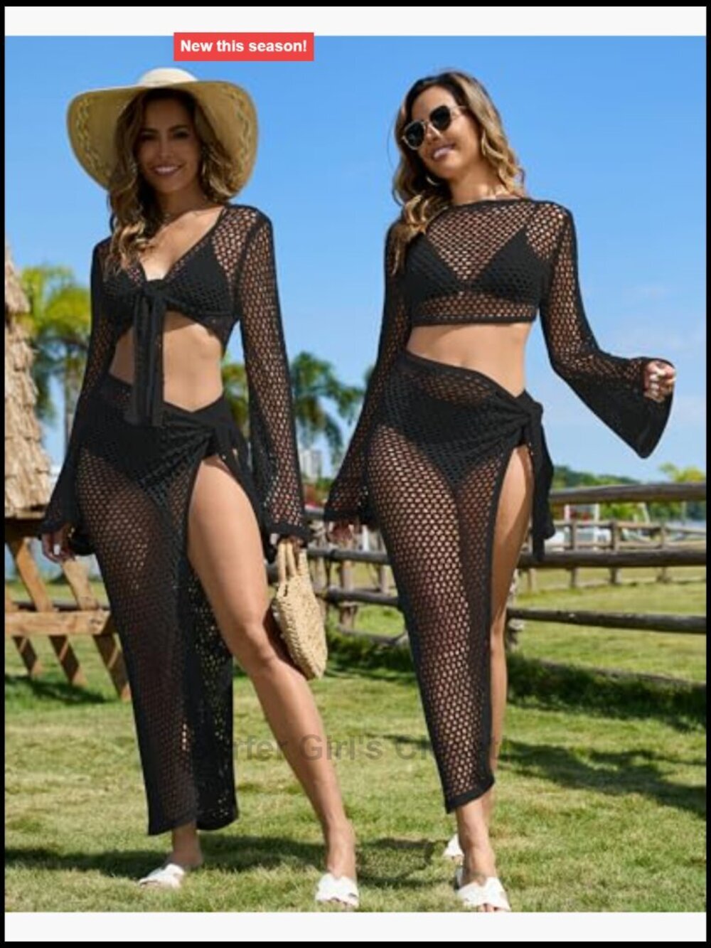 Women's Crochet Two Piece Swimsuit Cover Up Set Hollow Out Knit Top and Wrap - Picture 3 of 7